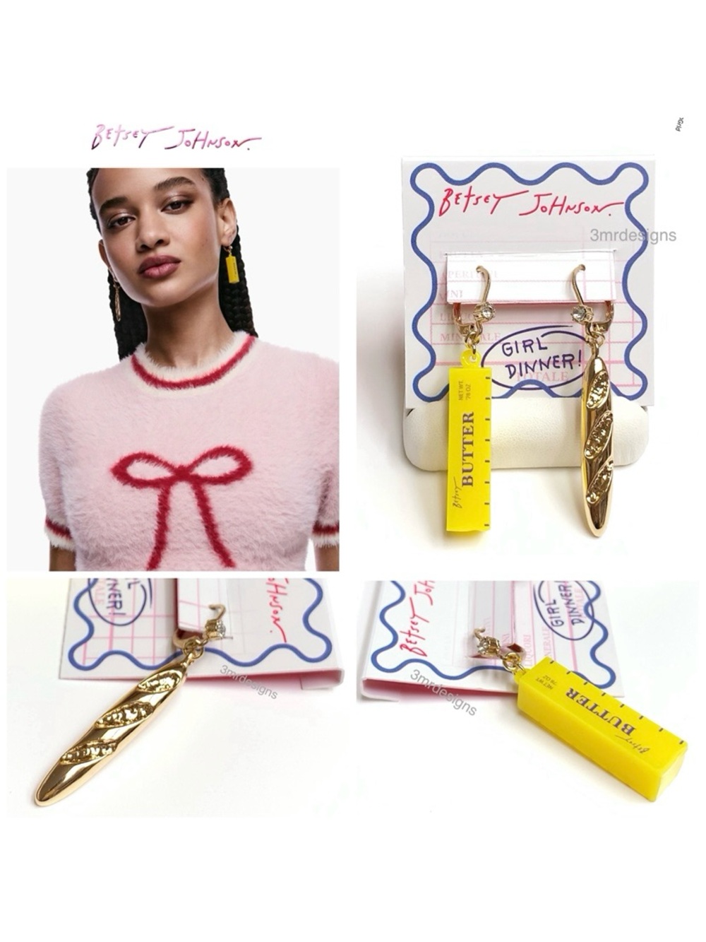 NWT Betsey Johnson 💋BREAD N BUTTER Gold Tone Mismatched Drop Earrings
